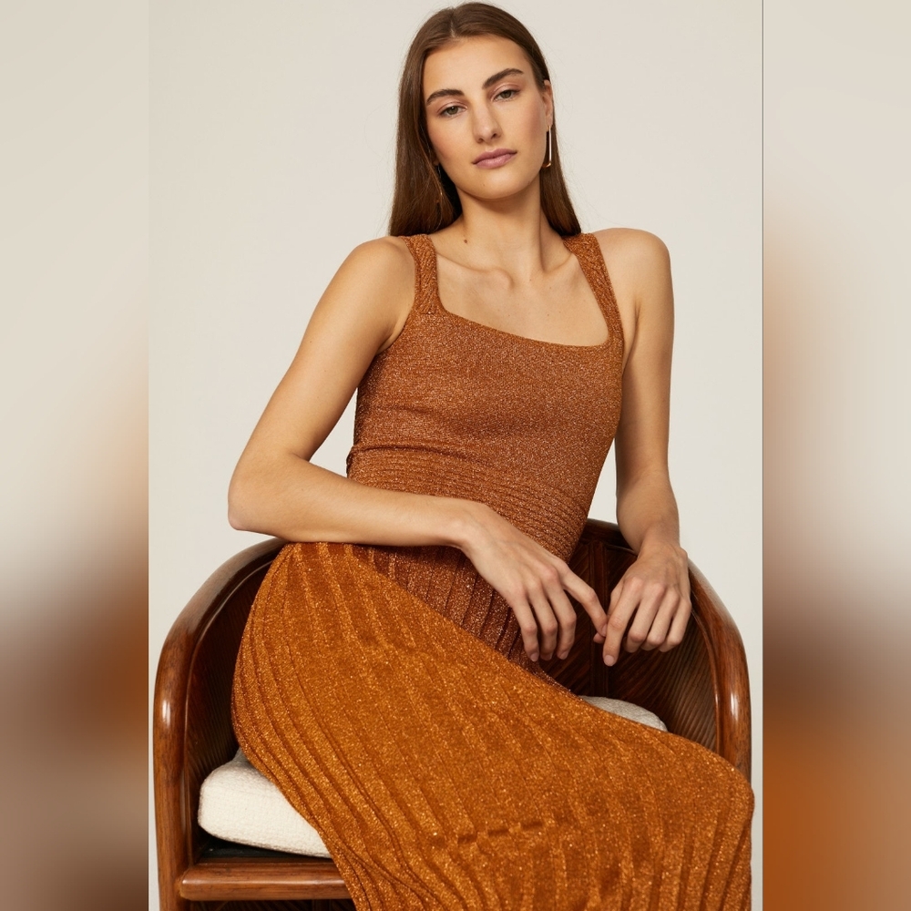 Esteban Cortazar Bronze Midi Shimmer Knit Dress Size XS $345